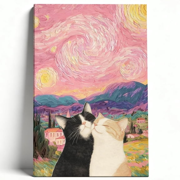 Premium Framed Canvas Wall Art - Van Gogh Style Pink Starry Night With Snuggling Cats, Romantic Nature Decor For Living Room Bedroom, Easy To Hang, High-Definition Print 8*12inch(20*30cm)