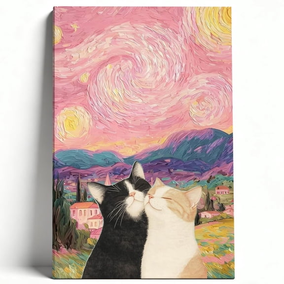 Premium Framed Canvas Wall Art - Van Gogh Style Pink Starry Night With Snuggling Cats, Romantic Nature Decor For Living Room Bedroom, Easy To Hang, High-Definition Print 8*12inch(20*30cm)