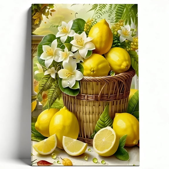 Premium Framed Canvas Wall Art - Vibrant Lemon Basket with White Flowers, Citrus Floral Decor for Kitchen Dining Room Bathroom, Easy to Hang, High-Definition Print 24*36inch(60*90cm)