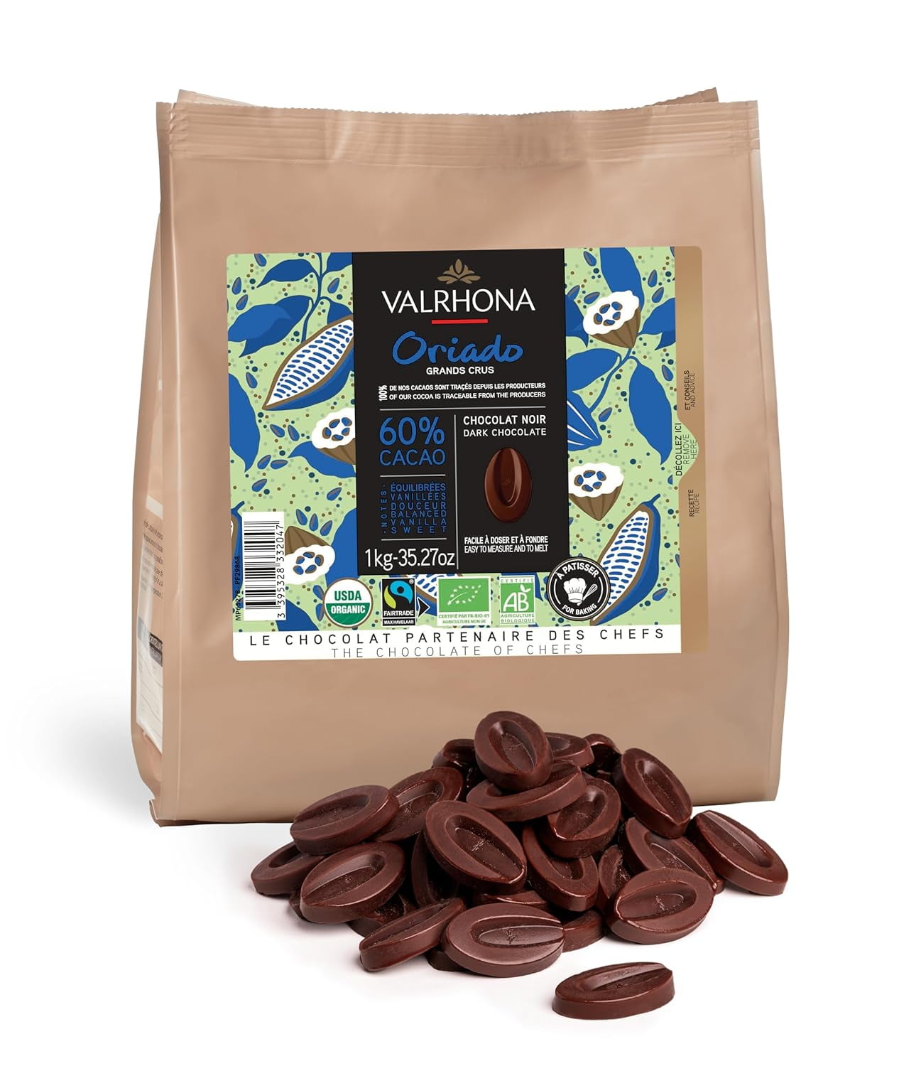 Premium French Baking Dark Chocolate Discs (Feves). ORIADO 60 Cacao