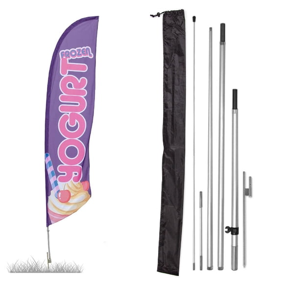 Premium Frozen Yogurt Feather Flag Kit - Includes 13ft Sectional Aviation Grade Fiberglass Poles, Frozen Yogurt Flag, Ground Spike, and Pole Sleeve Bag