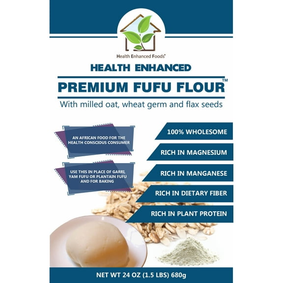 Premium Fufu Flour (3lbs total in 2 Packs of 24oz (680g)). Unrefined Milled Oat with Flax Seeds and Wheat Germ; Makes Healthier Fufu; No Added Sugar or Fat, No Additives, Lower on the Glycemic Index