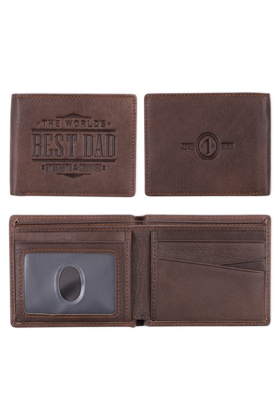 Premium Full Grain Leather RFID Wallet for Men  World's Best Dad Joshua 1:9 Quality Classic Black Leather Bifold Wallet  Christian Gifts for Fathers