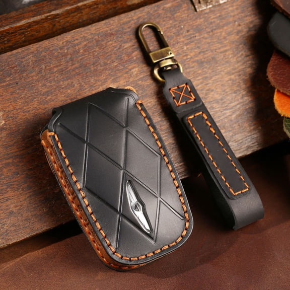 Premium Full Protective Handmade Leather Key Fob Case Cover with Keychain for Hyundai Genesis G90 GV60 Smart Key Models 2023 5 Button Design