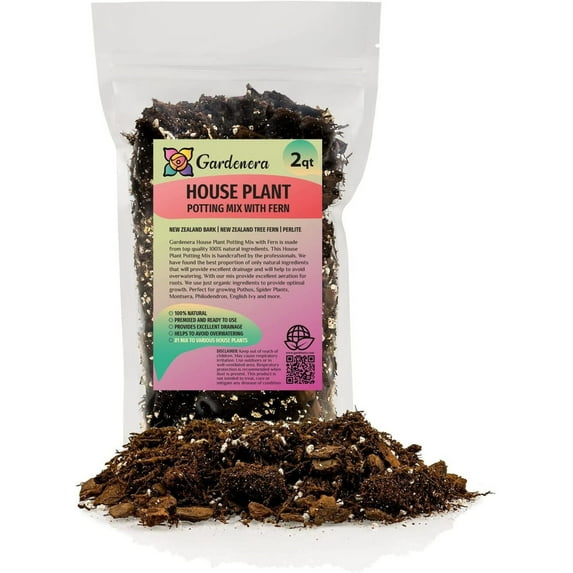 Premium Gardenera House Plant Potting Mix | Fern + New Zealand Bark + Perlite | Great for Pothos, Spider Plants, Montsera, Philodendron, English Ivy - 2 Quart Bag