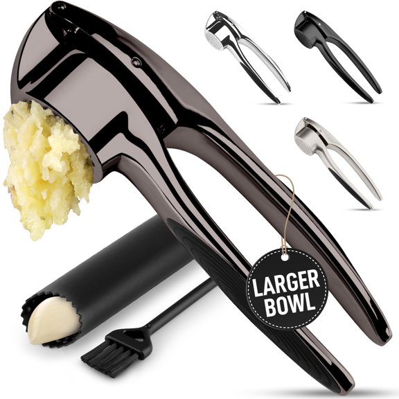 Premium Garlic Press Set - Rust Proof Professional Garlic Mincer Tool - Easy-Squeeze, Easy-Clean with Soft, Ergonomic Handle - Silicone Garlic Peeler & Brush (Silver)
