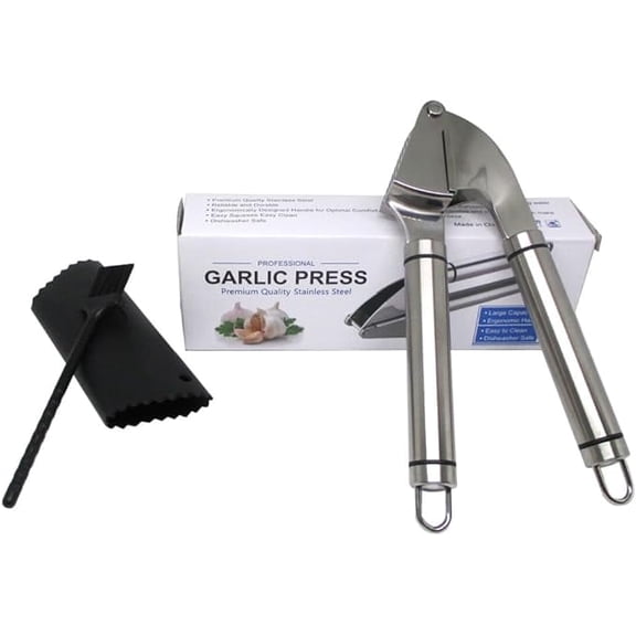 Premium Garlic Press Set with Studs Heavy-Duty Stainless Steel Professional Garlic Crusher Ergonomic, Easy-to-Squeeze & Easy-to-Clean Rust-Resistant, Dishwasher Safe, Includes Garlic Peeler