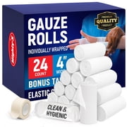 Gauze Rolls - 24 Pack - 4 x 4.1yd Breathable Rolled Gauze - Individually Wrapped with Bonus Tape - First Aid Conforming Stretch Wrap for Wounds