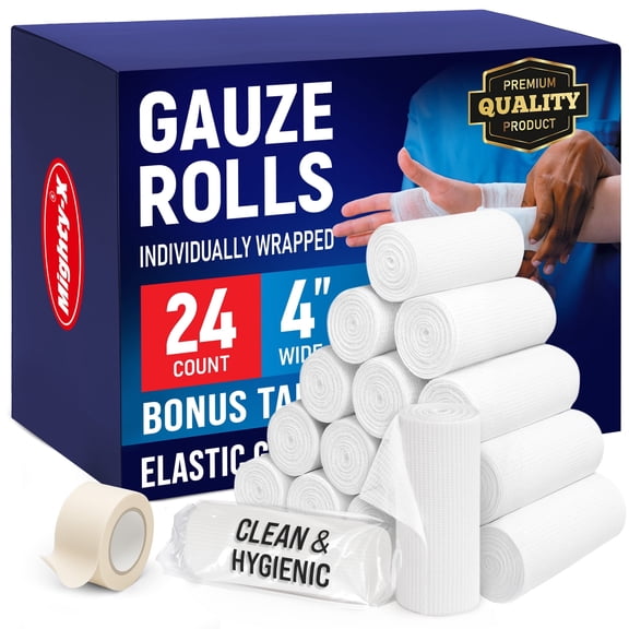 Gauze Rolls - 24 Pack - 4" x 4.1yd Breathable Rolled Gauze - Individually Wrapped with Bonus Tape - First Aid Conforming Stretch Wrap for Wounds