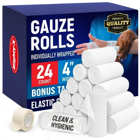 Gauze Rolls - 24 Pack - 4" x 4.1yd Breathable Rolled Gauze - Individually Wrapped with Bonus Tape - First Aid Conforming Stretch Wrap for Wounds
