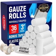 Premium Gauze Rolls - 36 Pack - 3 x 4.1yd First Aid Rolled Gauze - Individually Wrapped with 2 Bonus Tapes - Breathable Conforming Stretch Wrap for Wounds