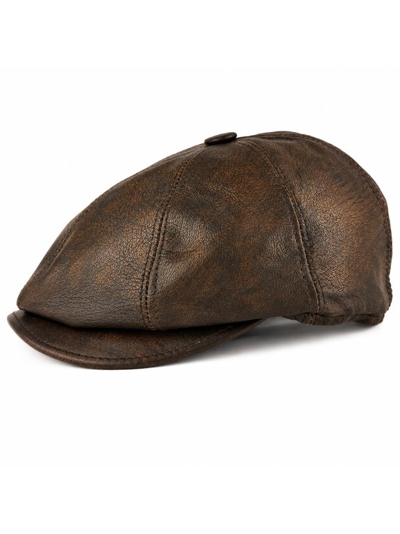 Premium Genuine Lambskin Leather Newsboy Cap for Men Handmade 8 Panel Cabbie Hat, Soft Leather Ivy Cap, Classic Gatsby Flat Cap (US, Alpha, Large, Vintage Brown)