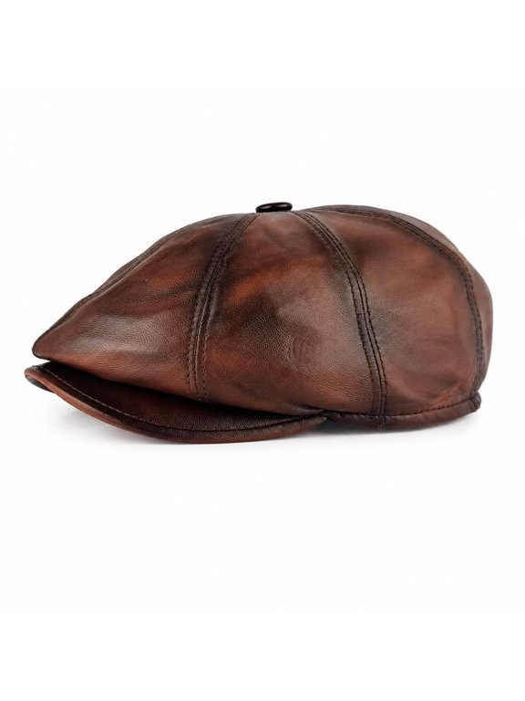Premium Genuine Lambskin Leather Newsboy Cap for Men Handmade 8 Panel Cabbie Hat, Soft Leather Ivy Cap, Classic Gatsby Flat Cap (US, Alpha, Medium, Chestnut Brown)