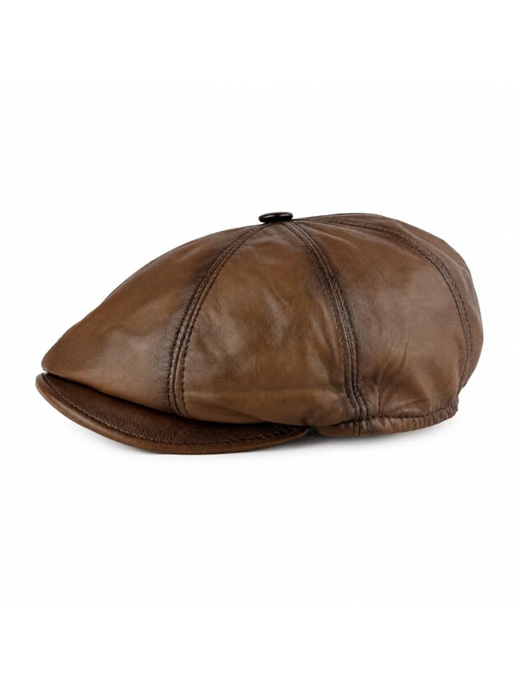 Premium Genuine Lambskin Leather Newsboy Cap for Men Handmade 8 Panel Cabbie Hat, Soft Leather Ivy Cap, Classic Gatsby Flat Cap (US, Alpha, XX-Large, Whiskey)