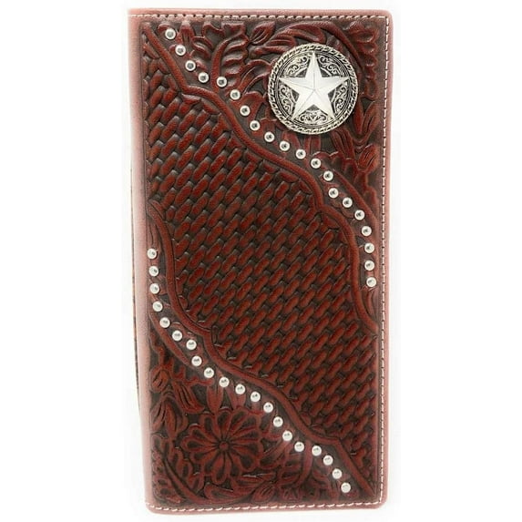 Premium Genuine Leather Western Men's Embossed Floral Tooled Basketweave Cowboy Long Wallet in 2 colors