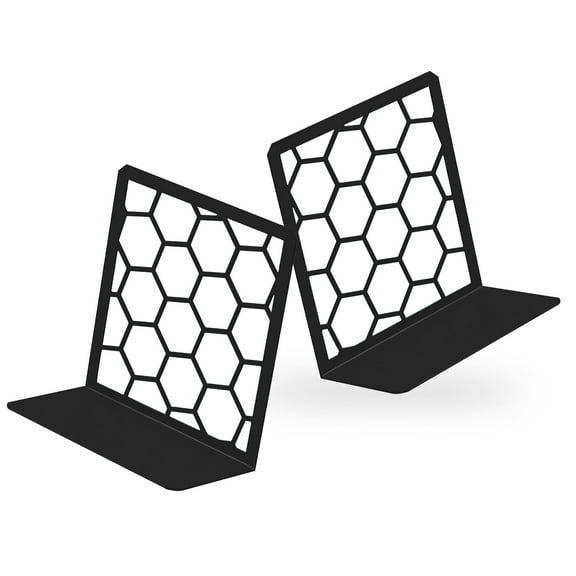 Premium Geometric Black Honeycomb Bookends for Shelves, Metal Book Ends for Office, L-Shaped Book Stopper, Rustproof Bookends Decorative Unique for Home, 6.25 (L) x 6 (W) inches, 1 Pair - Geomod