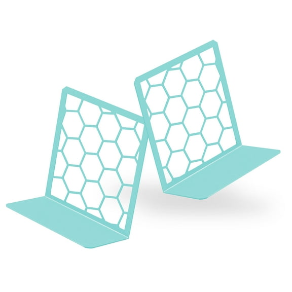 Premium Geometric Turquoise Honeycomb Bookends for Shelves, Metal Book Ends for Office, L-Shaped Book Stopper, Rustproof Bookends Decorative Unique for Home, 6.25 (L) x 6 (W) inches, 1 Pair - Geomod