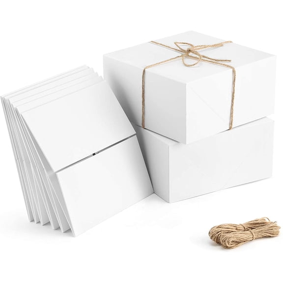 Premium Gift Boxes 10 Pack 8 x 8 x 4 White Paper Gift Boxes with 20 Meters Hemp Rope for Christmas Gifts, Bridesmaid Proposal Boxes, Easy Assemble Boxes