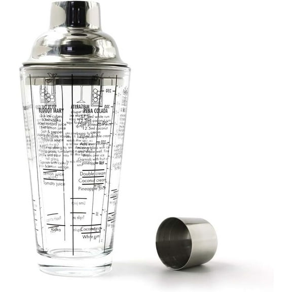 Premium Glass Bottom Cocktail Shaker with Stainless Steel Top - Professional Quality, Built-in Recipes, Perfect Size, Unique Gift, Hand Wash Jigger