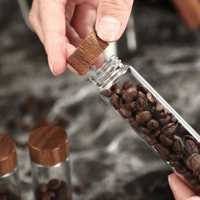 Premium Glass Coffee Bean Storage Tubes Wooden Holder Stand Dosing