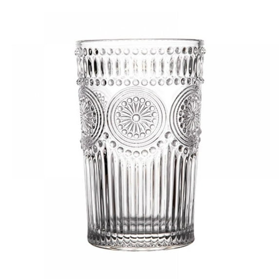 KARLSITEK Embossed Drinking Glass Gold Rim Water Glass Baroque Clear Crystal Unleaded Wine Milk Juice Coffee Glass ,Makeup Brush/Pen/Pencil/Toothbrush Holder