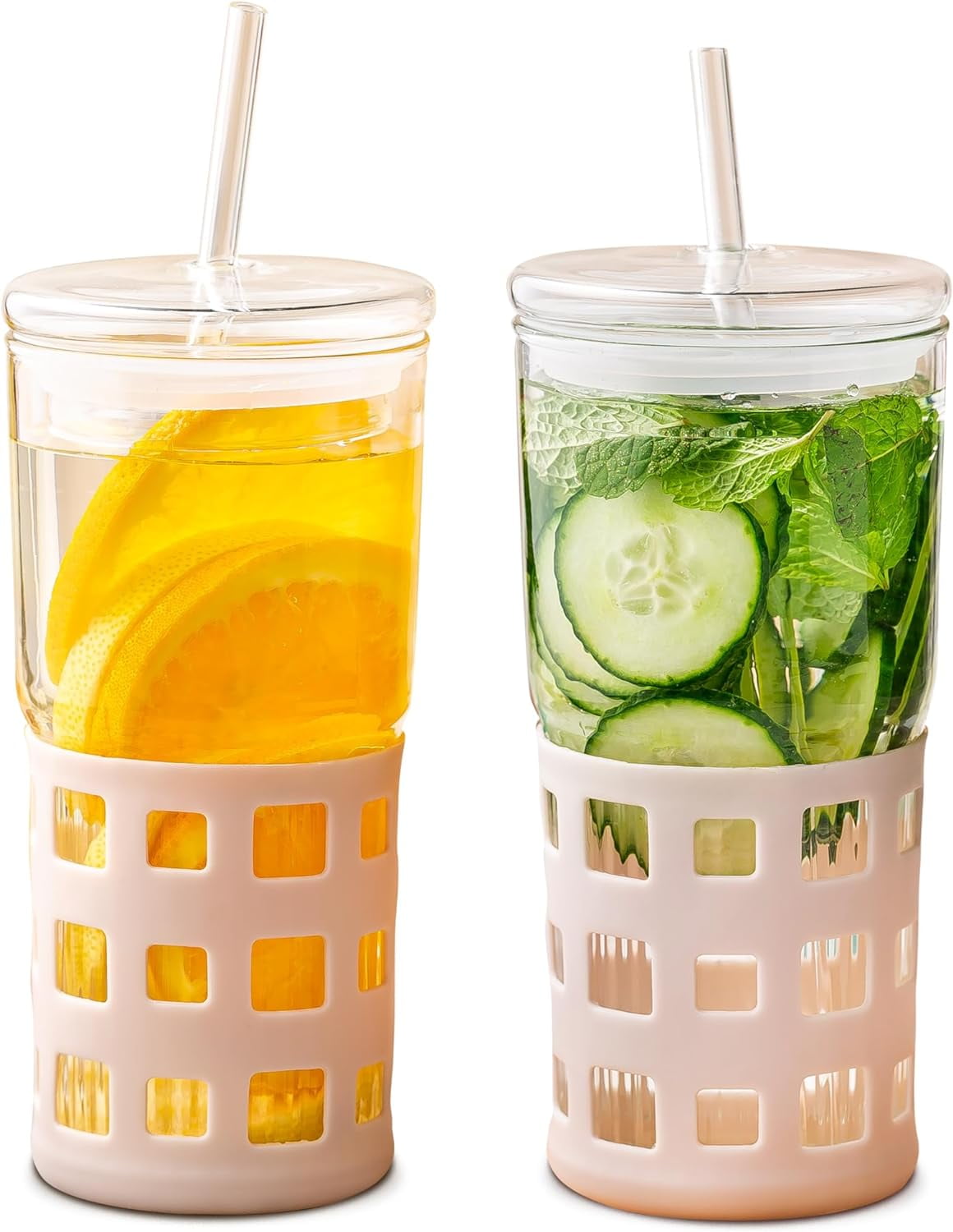 Premium Glass Tumbler with Straw & Lid 2 Pack Set, 20 oz Wide Mouth