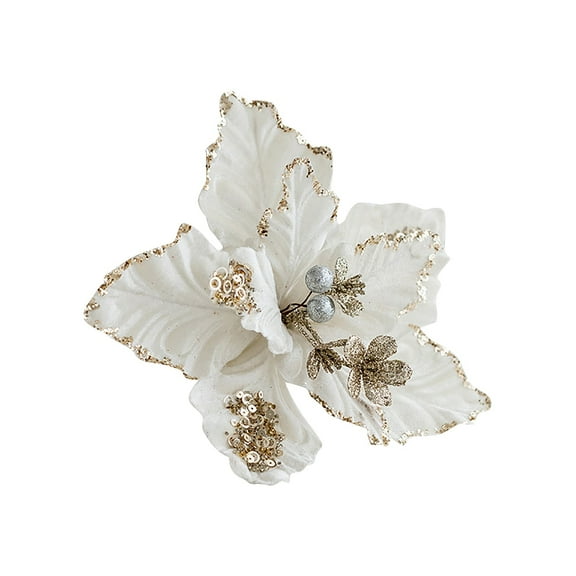 Premium Gold Champagne Velvet Glitter Poinsettia Artificial Christmas Flowers for Xmas Tree Decorations, Sparkling Fabric Art Festive Ornaments