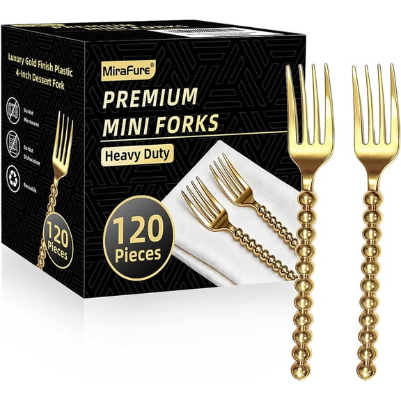 Premium Gold Mini Dessert Forks - 120-Piece with Beaded Handle, 4.4 Inch BPA-Free Plastic, Appetizer Utensils for Parties, Charcuterie Boards & Tasting Events