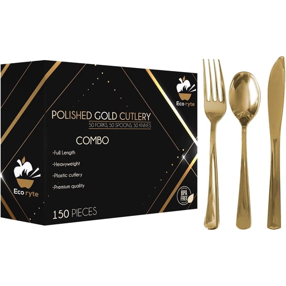 Premium Gold Plastic Silverware Set, 150-Piece Heavy-Duty Disposable Flatware – BPA Free Forks, Knives & Spoons for Birthday Parties & Events