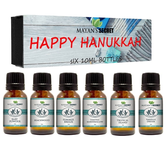 Premium Grade Fragrance Oil- Happy Hanukkah- Gift Set 6/10ml for Diffuser, Body oil, Skin & Hair, Massage, Baby Powder, Beachwood, Tropical Island, Summer Breeze, Toasted Marshmallows,