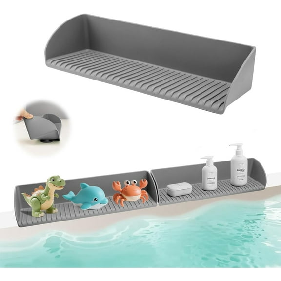 Premium Gray Silicone Bathtub Splash Guard with 4 Suction Cups - Multi - Functional Bath Companion: Kids' Bath Toys Holder, Play Shelf & Essentials Storage Over Tub (1 Pack)