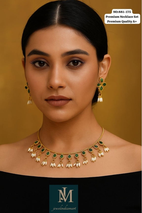 Premium Green Stone Necklace Set with Pearl Drops Gold-Plated South Indian Necklace Set, Traditional Temple Jewelry