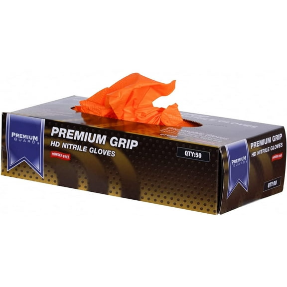 Premium Guard - Disposable Diamond Textured Gloves, Powder Free, 100 Gloves Per Box, Size - X-Large (Orange)