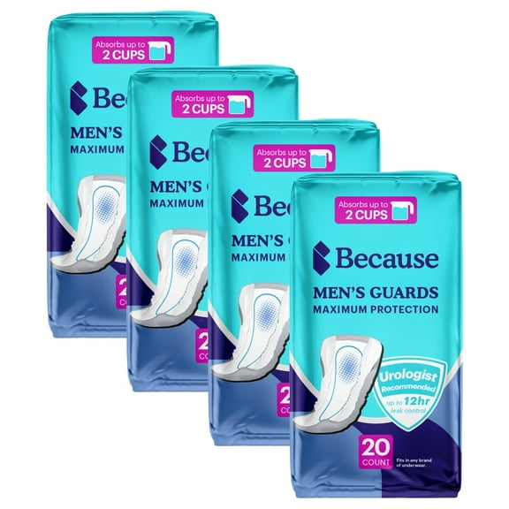 Because Premium Guards for Men - 80 Count Pack of Discreet, Individually Wrapped Bladder Protectors - Complete Absorbency, Fast-Locking, Odor Control - Comfort Fit, 2 Cups of Absorbency