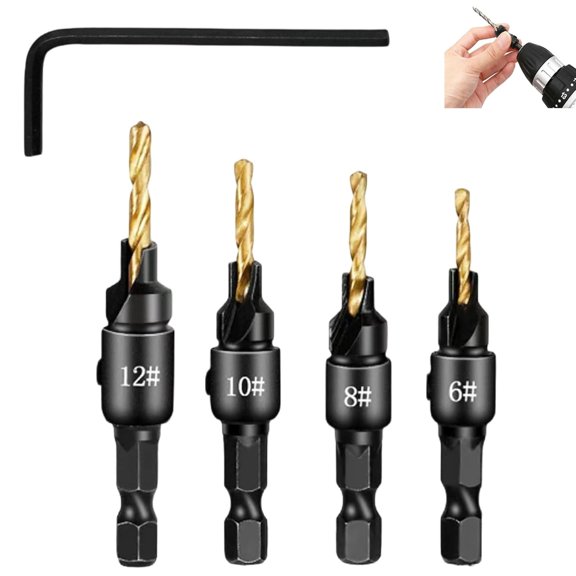 Premium HSS Countersink Drill Set, Adjustable Length Counter Bore Bits Set with Wrench, Woodworking for Pilot Hole Cutter Sets for Wood (A-4pcs)