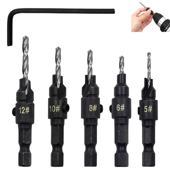 Premium HSS Countersink Drill Set, Adjustable Length Counter Bore Bits Set with Wrench, Woodworking for Pilot Hole Cutter Sets for Wood (B-5pcs)