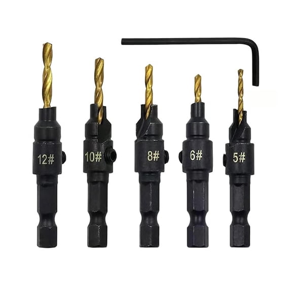 Premium HSS Countersink Drill Set, Adjustable Length Countersink Drill Bit Set with Wrench, Woodworking Counter Bore Drill Bits for Axial Alignment and Prevents Wood Splitting (Gold)