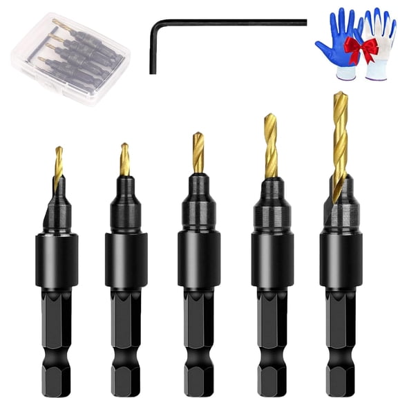 Premium HSS Countersunk Drill Set, 5PCS Countersink Drill Bit Set, HSS Counter Sink Drill Bit Set for Wood, Depth Adjustable, Sizes #5, #6, #8, #10, #12