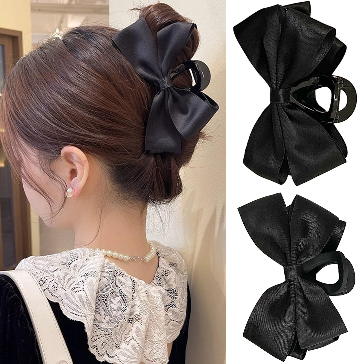 2 PACK   Black Bow Claw Clip For Women, Hair Bow Claw Clip For Thick Thin Hair Large Black Satin Bow Hair Claw Clips - Stylish Hair  main image 2