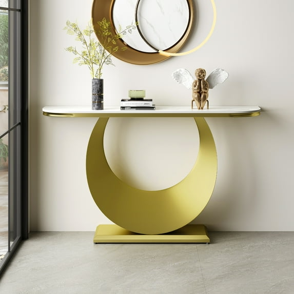Premium Half-Console Table with Faux Marble Top & Gold Metal Base, Long Narrow Entryway Table for Hallway, 120cm/47in, Sofa Table & Accent Furniture for Foyer, Living Room, Bedroom in White & Gold