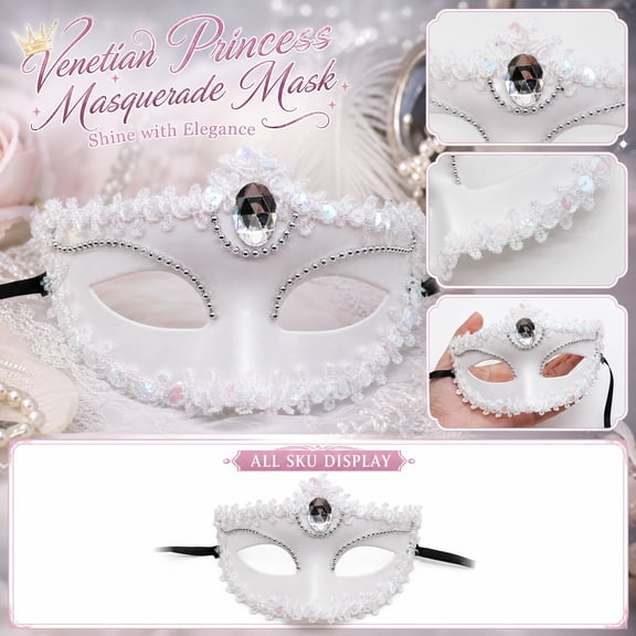 Premium Halloween Piece, Womens Masquerade Mask, Mask for Masquerade Party, Lace Masquerade Mask White Rhinestone Accented Princess Masquerade Eye Cover, 7X4 in Painted Half Face