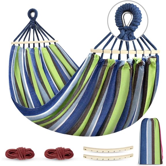 Premium Hammocks Portable Camping Hammock Upgraded 550lb Comfortable Fabric Hammock with Two Anti Roll Balance Beam and Sturdy Tree Straps for Camping, Patio, Backyard, Outdoor Light Green