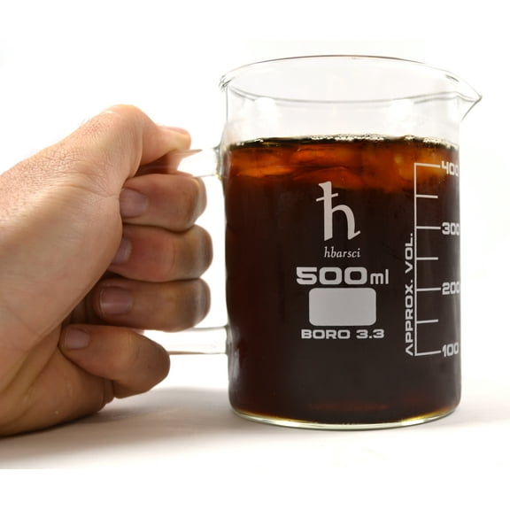 Premium Hand Crafted Beaker Mug, Thick Borosilicate Glass, 16.9oz (500mL) Capacity - Large Size - Pint Glass or Coffee Mug Sized