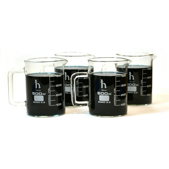 Premium Hand Crafted Beaker Mugs, Laboratory Quality Borosilicate Glass, 16.9oz (500mL) Capacity - Pack of 4 Mugs