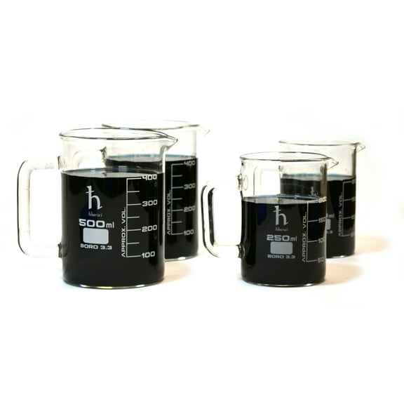 Premium Hand Crafted Beaker Mugs, Laboratory Quality Borosilicate Glass, Kitchen Set, (2) 16.9oz (500mL) Capacity and (2) 8.4oz (250mL) Capacity