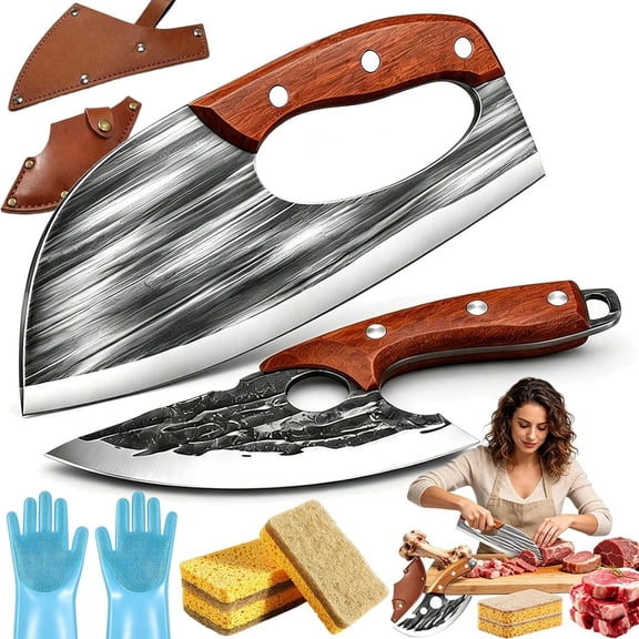 Premium Hand-Forged Chef'S Knife & Cleaver Set, 2026 Upgraded Long-Lasting Sharp V-Shaped Hand-Forged Kitchen Slicing Cleaver For Effortless Cutting, Ergonomic Durable Handle (with leather case)