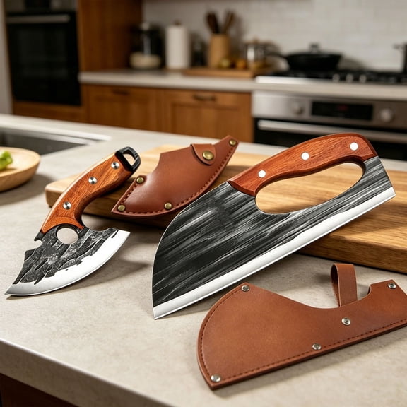 Premium Hand-Forged Chef's Knife & Cleaver Set, 2Pcs Hand Forged Kitchen Knife, Ergonomic Durable Handle for Kitchen Camping
