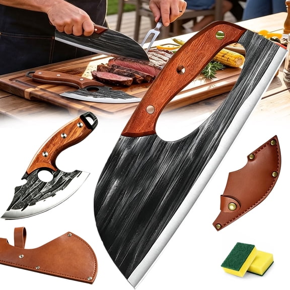 Premium Hand-Forged Chef’s Knife & Cleaver Set, 2Pcs Kitchen Knife with Ergonomic Handle for Meat Cutting & BBQ