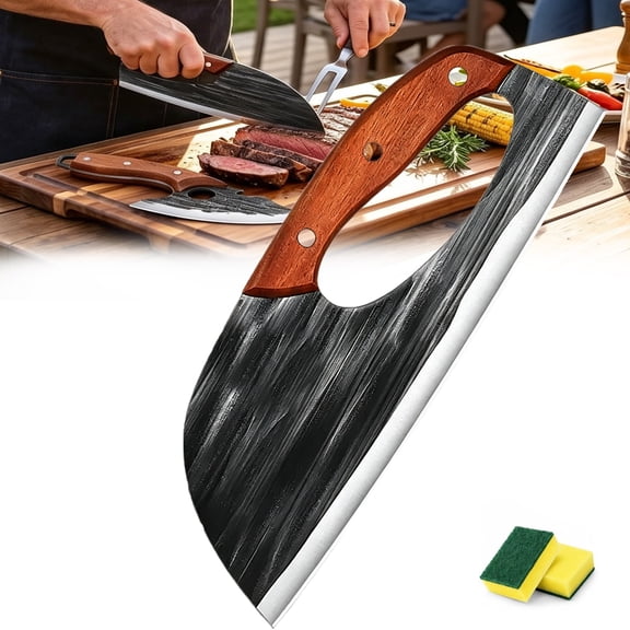 Premium Hand-Forged Chef’s Knife & Cleaver Set, 2Pcs Kitchen Knife with Ergonomic Handle for Meat Cutting & BBQ