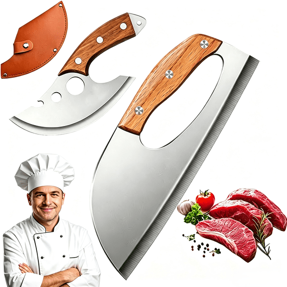 Premium Hand-Forged Chef's Knife & Cleaver Set,2Pcs Meat Cleaver Knife Set,Effort Saving Meat Cleaver for Cutting Meat Vegetable,Sharp Carbon Steel Cooking Viking Knife with Leather Sheath